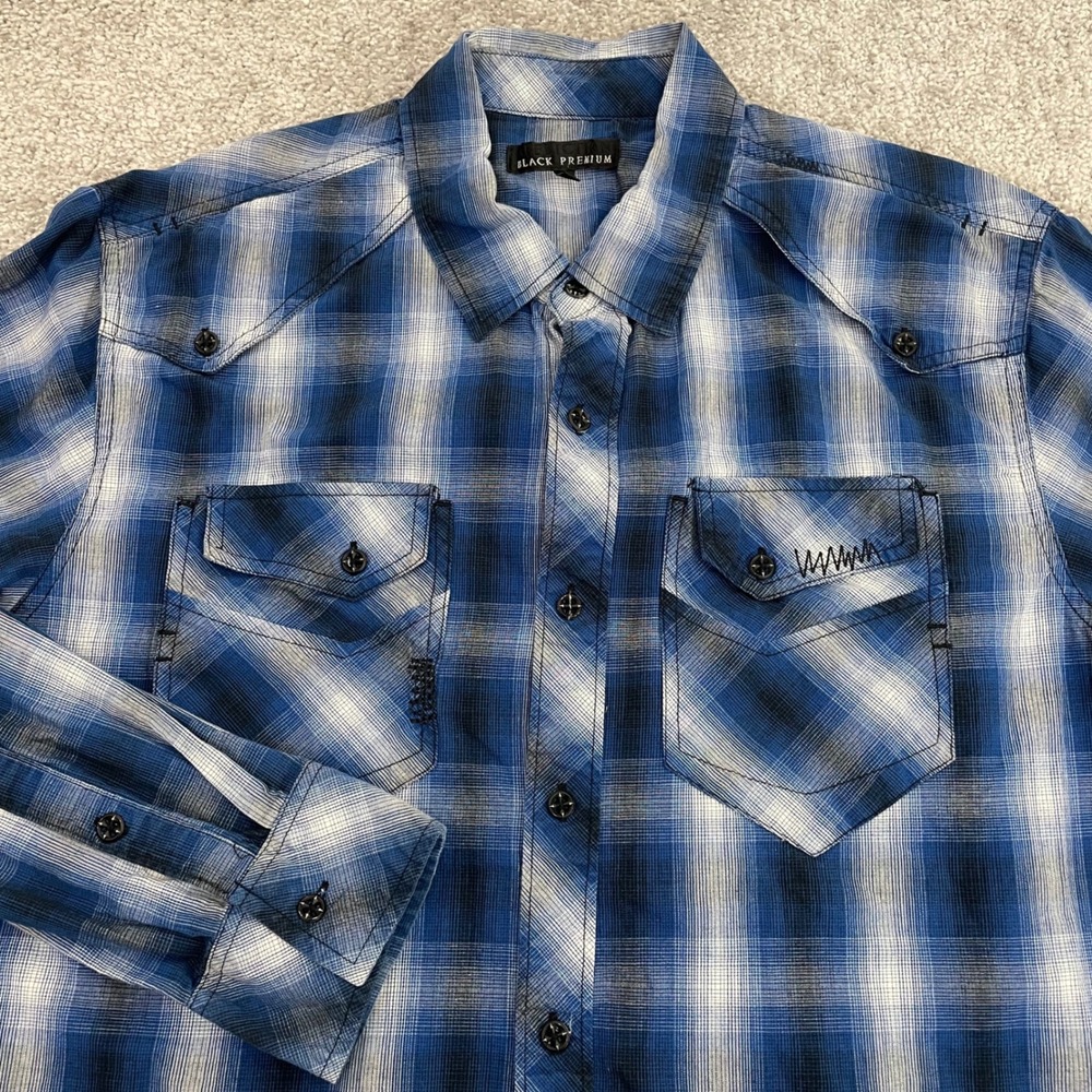 Affliction Shirt Mens Large Black Premium Y2K Spell Out Plaid Button Up - Picture 2 of 8